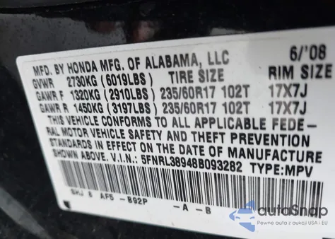 2008 Honda Odyssey Touring z USA, uszkodzony, nr VIN 5FNRL38948B093282